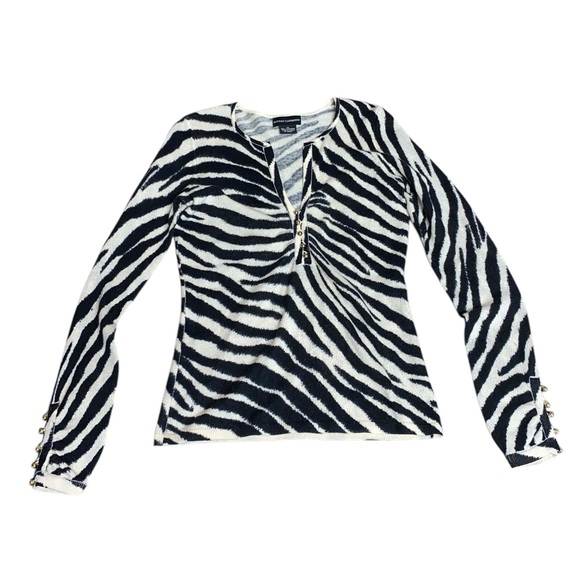 Sutton Cashmere 100% Cashmere Zebra Studded Sz XS Long Sleeve Blouse Black White - Picture 1 of 5